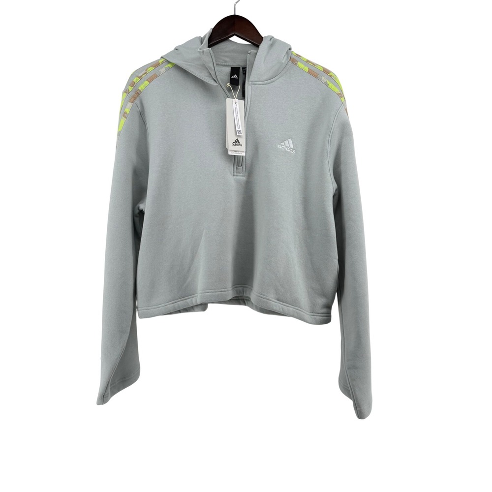 Adidas Womens 1/4 Zip Crop Hoodie Wonder Silver Neon Camo IL3033‎ XL NEW